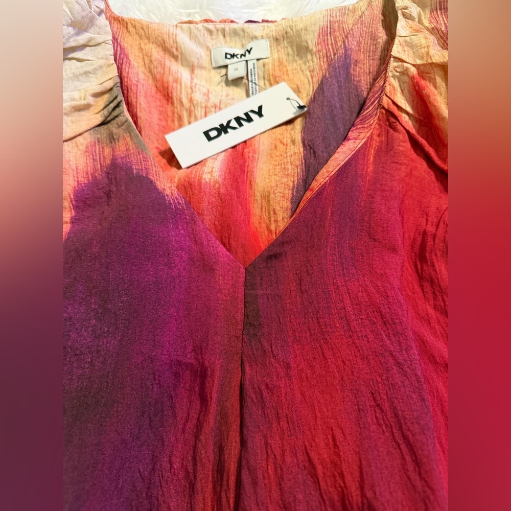 DKNY Red and Beige V-Neck Blouse - Picture 9 of 10